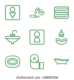 Bathroom icons set. set of 9 bathroom outline icons such as woman wc, shower, soap, towels, paper towel, liquid soap, male wc, sink