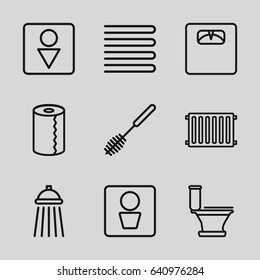 Bathroom icons set. set of 9 bathroom outline icons such as man wc, towels, toilet, toilet brush, paper towel, male wc, floor scales, shower