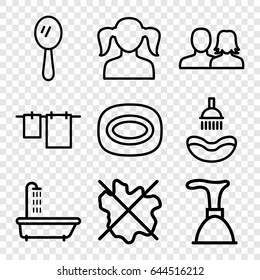 Bathroom icons set. set of 9 bathroom outline icons such as shower, man and woman, girl, mirror, soap, plunger, no wash