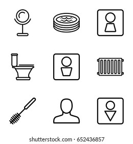 Bathroom icons set. set of 9 bathroom outline icons such as man wc, woman wc, man, mirror, toilet, toilet brush, male wc, jacuzzi