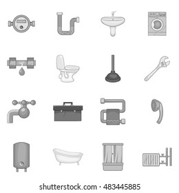 Bathroom icons set in black monochrome style. Plumbing service set collection vector illustration