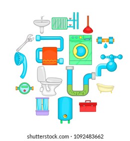 Bathroom icons set in cartoon style. Plumbing service set collection vector illustration