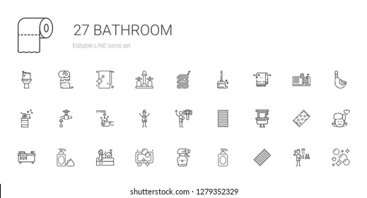 bathroom icons set. Collection of bathroom with beach towel, soap, spray bottle, bath, foam, bathtub, toilet, towel, shower, woman, hand wash. Editable and scalable bathroom icons.