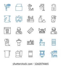 bathroom icons set. Collection of bathroom with dressing room, toilet, beach towel, toothpaste, towels, bathtub, sink, toilet paper, woman. Editable and scalable bathroom icons.