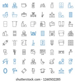 bathroom icons set. Collection of bathroom with gender, faucet, hand wash, towel, toilet, beach towel, shower, mirror, spray bottle, shaving brush. Editable and scalable bathroom icons.