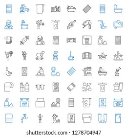 bathroom icons set. Collection of bathroom with mirror, toothpaste, toilet paper, toilet, girl, woman, faucet, sewing box, towel, beach towel. Editable and scalable bathroom icons.
