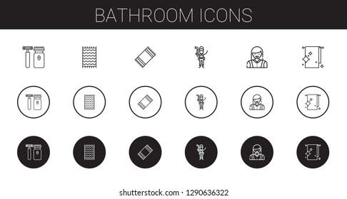 bathroom icons set. Collection of bathroom with shaver, beach towel, plumber, woman, towel. Editable and scalable bathroom icons.