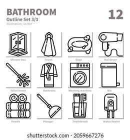 Bathroom icons set, Detailed Outline, vector and illustration set 3