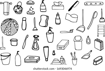 Bathroom icons set. Hand drawn vector icons isolated on the white background. Many beauty, hygiene, cosmetic, antibacterial things drawn in doodle style. Simple toiletries in one icons set.