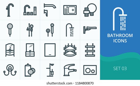 Bathroom icons set. Set of hand shower, bidet faucet, board mounted faucet, bathroom furniture