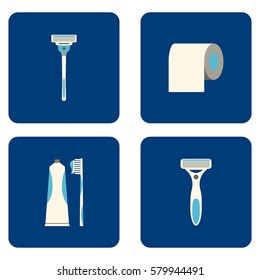 Bathroom icons set on blue background. Flat Vector illustration.