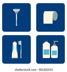 Bathroom icons set on blue background. Flat Vector illustration.
