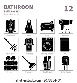 Bathroom icons set, Solid, vector and illustration set 3