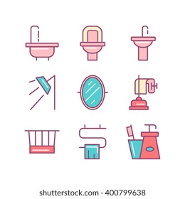 Bathroom icons sings set. Thin line art icons. Flat style illustrations isolated on white. Line icons for design projects.