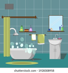 Bathroom illustration with fittings and accessories. Bathroom, shower, towel, toothpaste and soap, shampoo and other hygiene items.Vector illustration for design of brochures, flyers, prints and