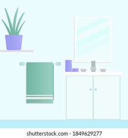 Bathroom illustration in turquoise and purple tones