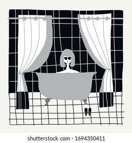 Bathroom illustration. Woman in bathroom. Woman face with sunglasses vector. Interior fashion illustration. Black and white bath curtains. Relax