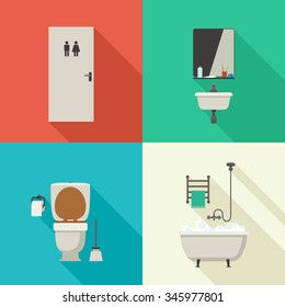 Bathroom illustrations with bath, toilet, sink and hygienic supplies. Vector icons of hygiene in flat style.