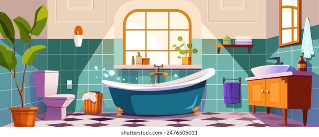 Bathroom interior background banner for game design. Home room with bathtub and faucet, toilet, washbasin, plants, towels, hygiene equipment, windows at wall, tile floor. Vector cartoon illustration