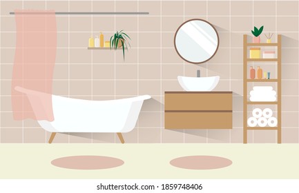 Bathroom interior background. Beige bath room with sink. Rack with towels, toilet paper rolls. Vector flat illustration.