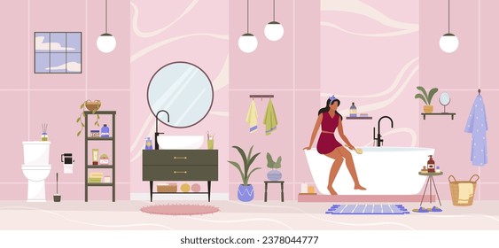 bathroom interior background. housekeeper washing sink, towels shower bath accessories and furniture, mirror shelf bath shampoo persil. vector cartoon flat interior design.