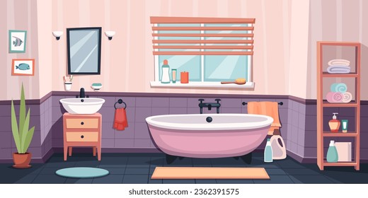 Badezimmer-Innenhintergrund. Waschbecken, Spiegel-Regal-Badewanne Shampoo Persil Handtücher Dusche Badzubehör und Möbel, Ruheraum-Toilette. Vektorgrafik Innenraumflaeche Design.