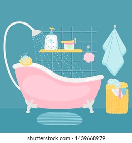 Bathroom interior bath and accessories cartoon vector illustration. Interior of bath and shower