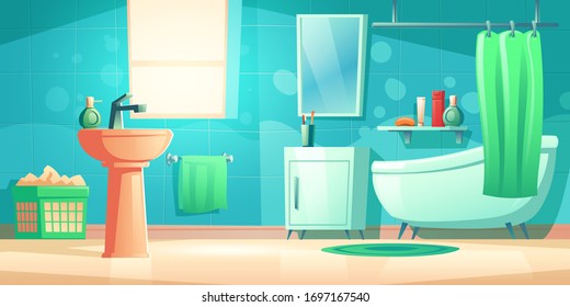 Bathroom interior with bath, shower curtain, sink, mirror and window. Vector cartoon washroom with tile wall, towel, closet, soap and cosmetic bottles on shelf