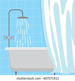 Bathroom interior. Bath shower hygienic procedure. Douche icon. Relaxing bath. Vector illustration