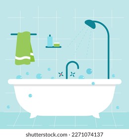 Bathroom interior. Bath and shower, towel on hanger and hygiene products. Vector flat illustration