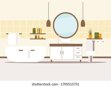 bathroom interior with bath, toilet, washbasin, mirror, shelves, towels. flat vector illustration