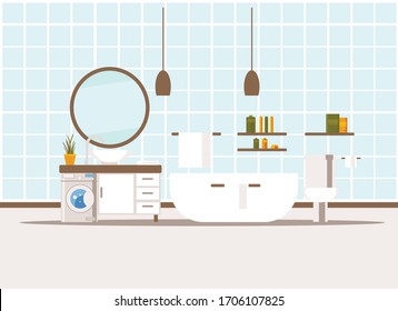 bathroom interior with bath, toilet, washbasin, mirror, shelves, towels and washing machine. flat vector illustration