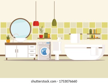 bathroom interior with bath, toilet, washbasin, mirror, shelves, towels and washing machine. flat vector illustration