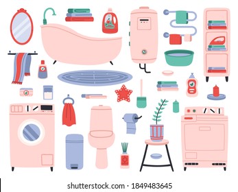 Bathroom interior. Bath tools, toilette utensils, bathtub, toilet, washer and dryer. Bathroom interior accessories vector symbols set. Water closet and towel dryer, house plant and chemicals