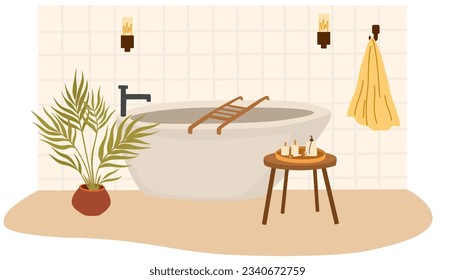 Bathroom interior. Bath, towel on a hanger, table with candles, carpet, houseplant. Flat vector illustration isolated on white background