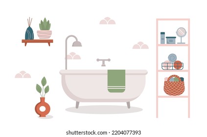 Bathroom interior. Bath tub, tile, bath accessories, plants, shelf with cosmetics and mirror . Comfy bathroom design. Vector illustration.