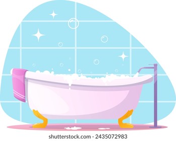 Bathroom interior with bathtub, ceramic bathtub with hot water and foam. Stock vector illustration