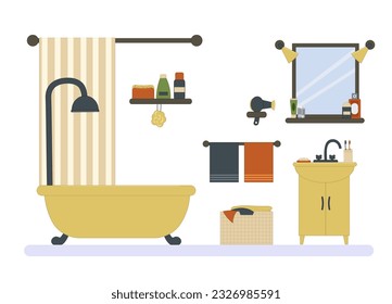Bathroom interior. Bathtub with curtain, cabinet with faucet and mirror, hygiene items, towel and linen basket. Vector. For brochures, flyers, prints and furniture stores.