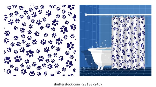 El interior del cuarto de baño, con bañera y cortina, está decorado con toallas de patas de gato. Huellas de pata animal en el suelo. Ilustración vectorial, ornamento para el diseño de tejidos e impresión de tejidos