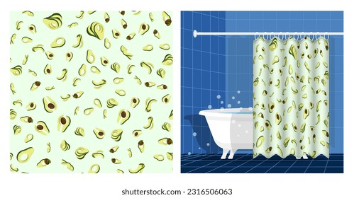 Bathroom interior with bathtub and curtain decorated Avocado cutting fruit seamless pattern. Avocado wedges and slices. Vector illustration, ornament for design of posters and printing on fabrics