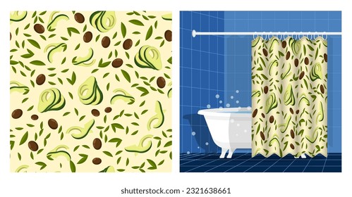 Baño interior con bañera y cortina decorada con el patrón de la fruta de aguacate con hojas y semillas. Cubiertas y rodajas de aguacate. Ilustración vectorial, ornamento para el diseño de carteles e impresión de telas