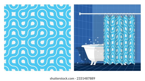 Bathroom interior with bathtub and curtain decorated abstract geometric SEAMLESS pattern with lines and fractal ornament. Vector illustration, ornament for design of posters and printing on fabrics