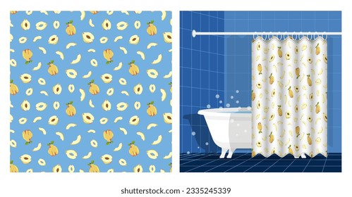 Bathroom interior with bathtub and curtain decorated seamless pattern with Quince fruit whole and cut in half. Exotic fruit. Vector illustration, ornament for design of posters and printing on fabrics