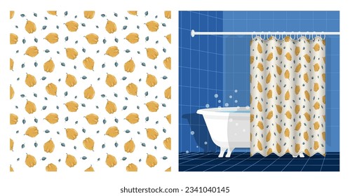 Bathroom interior with bathtub and curtain decorated seamless pattern with quince fruit whole and leaves. Exotic fruit party. Vector illustration, ornament for design of posters, printing on fabric