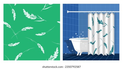 Bathroom interior with bathtub and curtain decorated cereal grass with panicle fluffy crown of meadow grass seamless pattern. Vector illustration, ornament for design of posters, printing on fabric