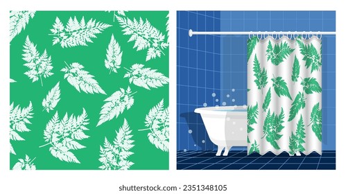 El interior del cuarto de baño con bañera y cortina adornada con perejil de hierba de campo silvestre con hierba herbario pradera sin fisuras. Ilustración vectorial, ornamento para el diseño de carteles, impresión en tela