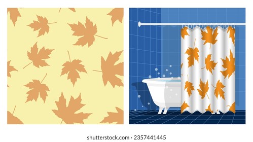 El interior del cuarto de baño, con bañera y cortina decoradas con herbario secado de arce de otoño, deja un patrón ininterrumpido. Ilustración vectorial, ornamento para el diseño de carteles, impresión en tela