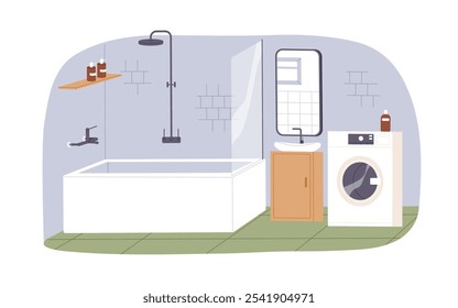 Interior do banheiro com banheira, chuveiro, lavatório e máquina de lavar roupa. Limpar confortável banheiro, casa de banho quarto com washstand, espelho, banheira. Ilustração de vetor plano isolada no plano de fundo branco