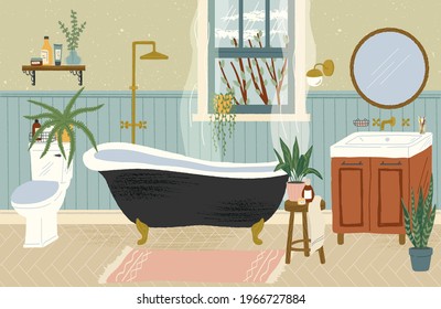 Bathroom Interior With Bathtub, Toilet And Washstand. Hand Drawn Vector Illustration In Cozy Scandinavian Style. Home Interior Design