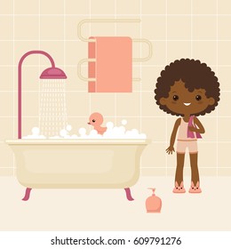 Bathroom interior. Black little girl going to have a bath. Vector art.